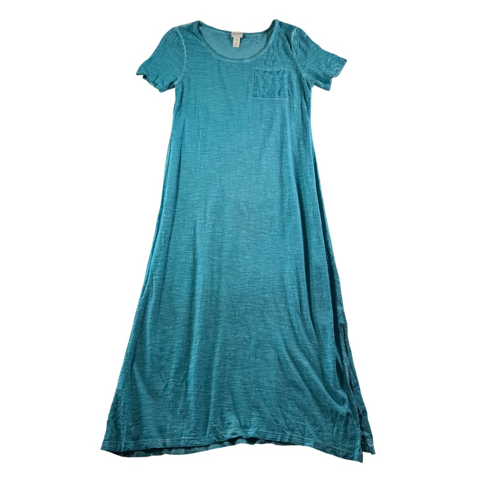 Chicos Teal Blue Slub Knit Short Sleeve Midi Maxi Dress Pocket 0P Petite
